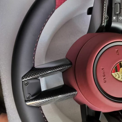 Black and red leather dual piece Porsche steering wheel with knob