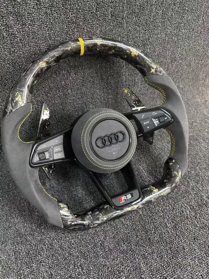 Customized Audi steering wheel forged carbon+yellow return mark+Alcantara grip+Alcantara airbag cover