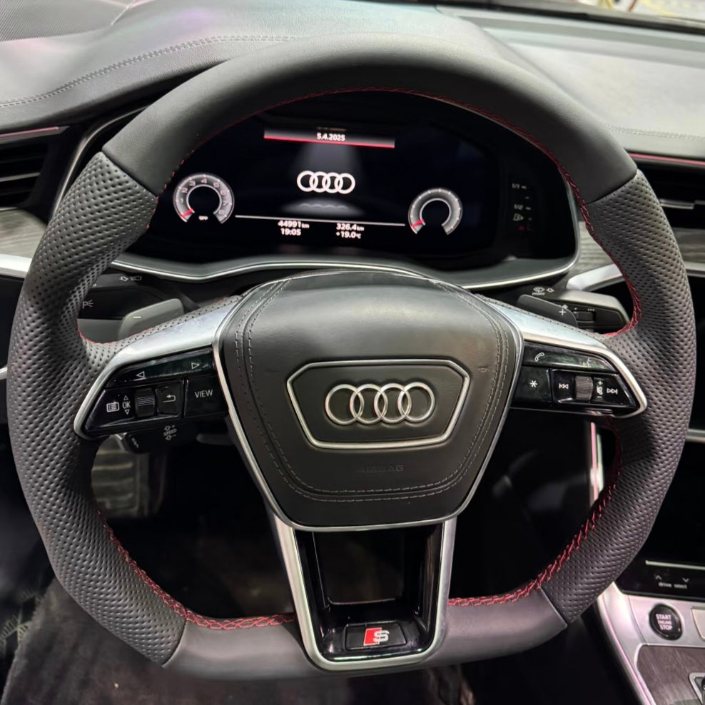 Fully Leather Flat Bottom Steering Wheel for Audi A3 A4 A5 A6 A7 Q3 Q5 Q7 Assembly Required