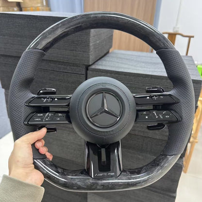 Custom forged carbon steering wheel suitable for Benz W203, W204, W205, W212, W213, CLS, and W218 interior upgrades.