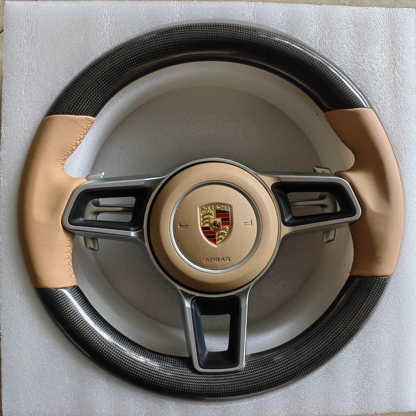 D-Shaped Carbon Fiber + Nappa Leather Steering Wheel German Tricolor Stitching for Porsche 911/718