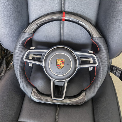 D-Shaped Carbon Fiber + Nappa Leather Steering Wheel German Tricolor Stitching for Porsche 911/718