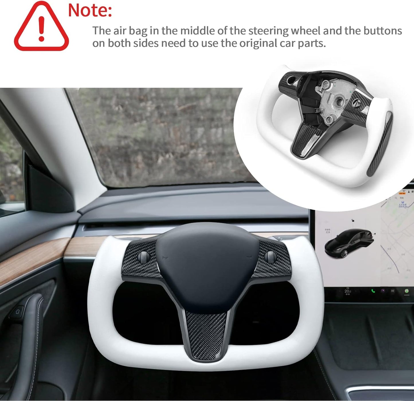 Yoke steering wheel with bright carbon or matte carbon trim with side carbon and heating for Tesla Model 3/Y