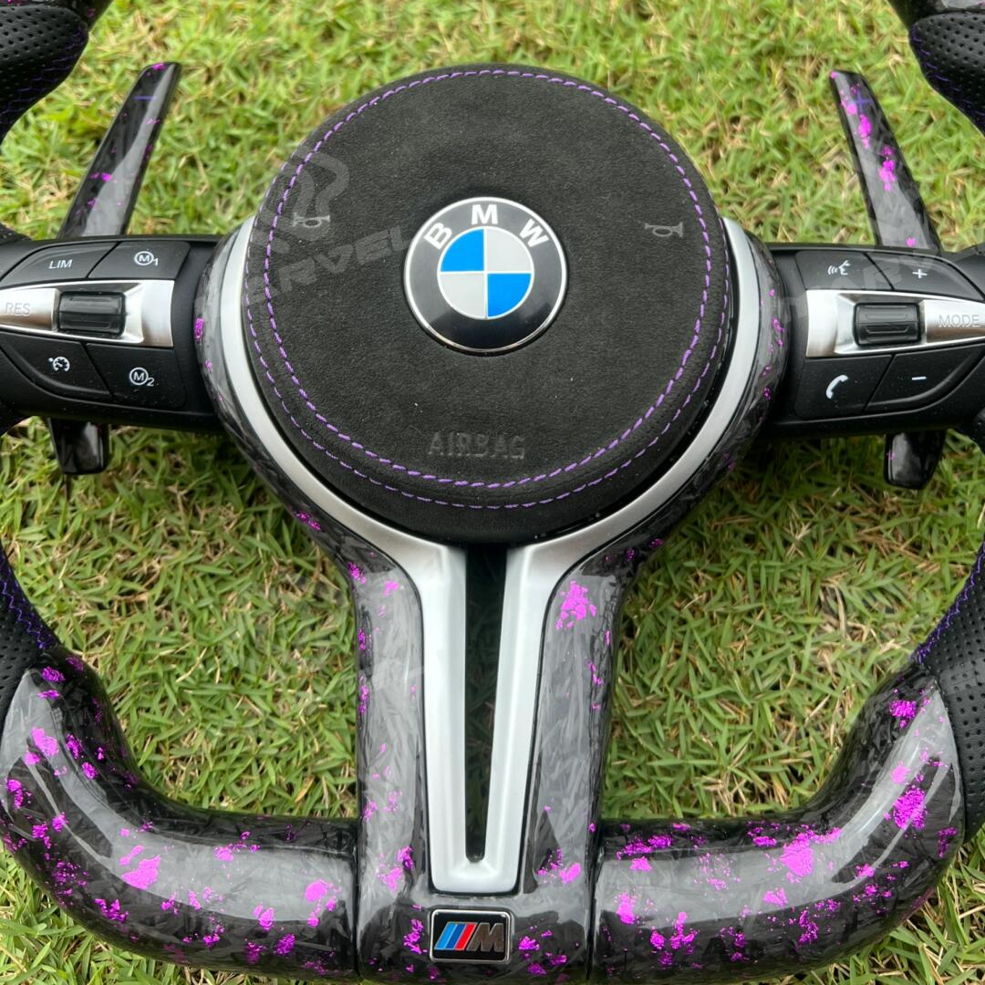 Custom BMW steering wheel Purple forged carbon + Alcantara airbag cover + perforated leather grip