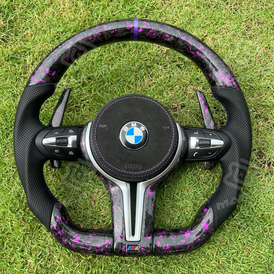 Custom BMW steering wheel Purple forged carbon + Alcantara airbag cover + perforated leather grip