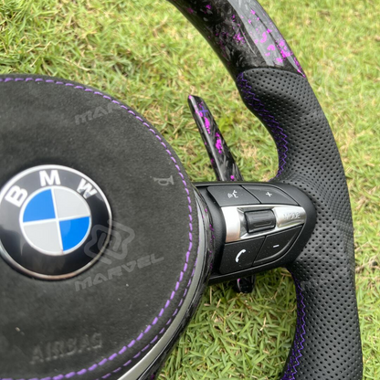 Custom BMW steering wheel Purple forged carbon + Alcantara airbag cover + perforated leather grip