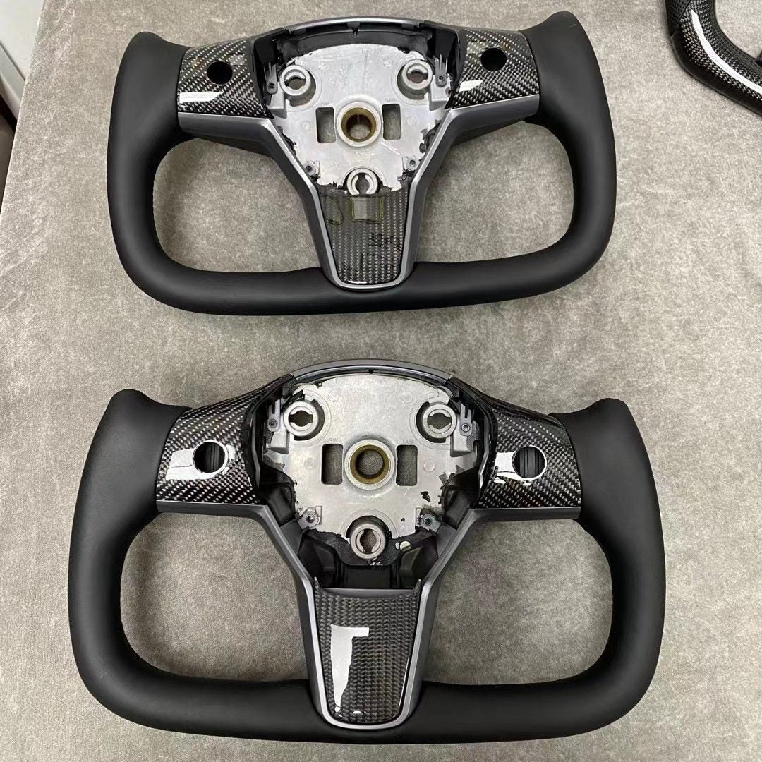 Yoke steering wheel with bright carbon or matte carbon trim cover for Tesla Model 3/Y