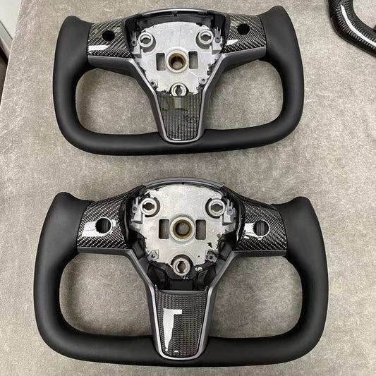 Yoke steering wheel with bright carbon or matte carbon trim cover for Tesla Model 3/Y