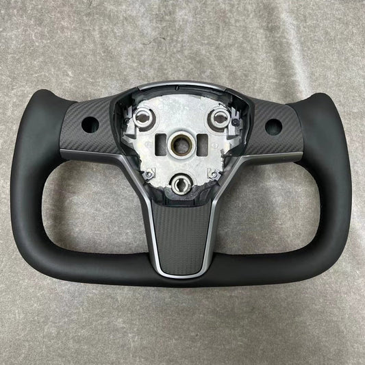 Yoke steering wheel with bright carbon or matte carbon trim cover for Tesla Model 3/Y