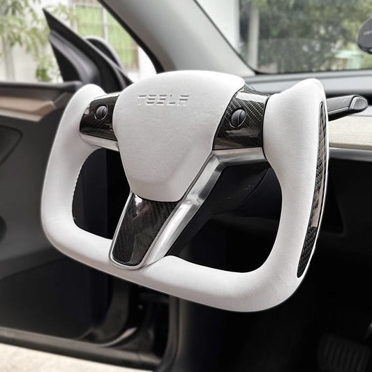 Yoke steering wheel with bright carbon or matte carbon trim with side carbon and heating for Tesla Model 3/Y