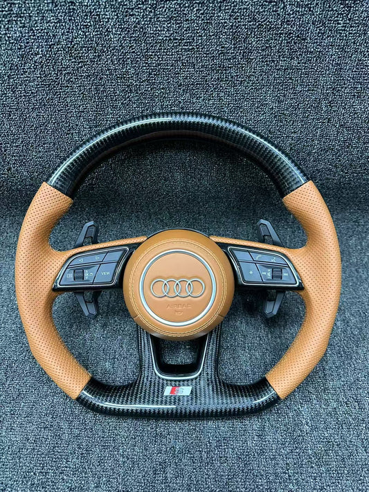 D-Shape Leather Racing Steering Wheel Audi A4 Carbon Fiber White Stitch Compatible Models RS3 A3 A6 A5 R8 TT Q5 A7 RS6