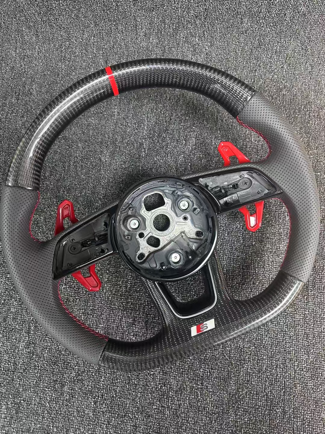 D-Shape Leather Racing Steering Wheel Audi A4 Carbon Fiber White Stitch Compatible Models RS3 A3 A6 A5 R8 TT Q5 A7 RS6