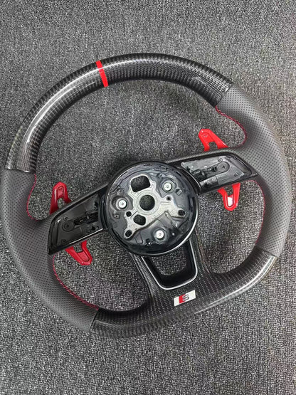 D-Shape Leather Racing Steering Wheel Audi A4 Carbon Fiber White Stitch Compatible Models RS3 A3 A6 A5 R8 TT Q5 A7 RS6