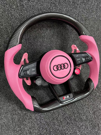 Audi carbon fiber steering wheel - custom fan leather + pink paddles + two knobs
