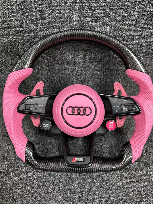 Audi carbon fiber steering wheel - custom fan leather + pink paddles + two knobs