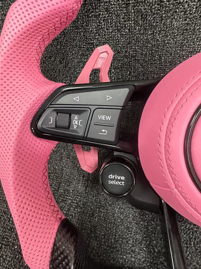 Audi carbon fiber steering wheel - custom fan leather + pink paddles + two knobs
