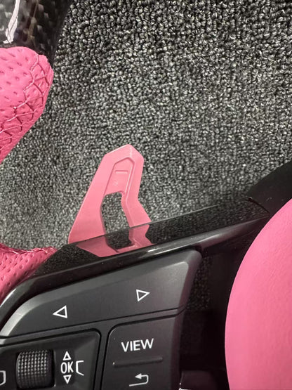 Audi carbon fiber steering wheel - custom fan leather + pink paddles + two knobs