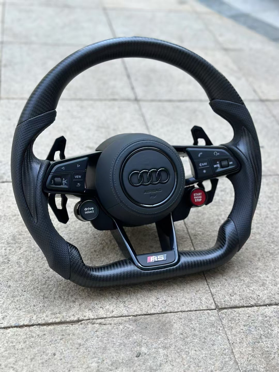 Carbon fiber sports steering wheel - paddle shifters + leather grips + leather airbag cover + dual-function knob