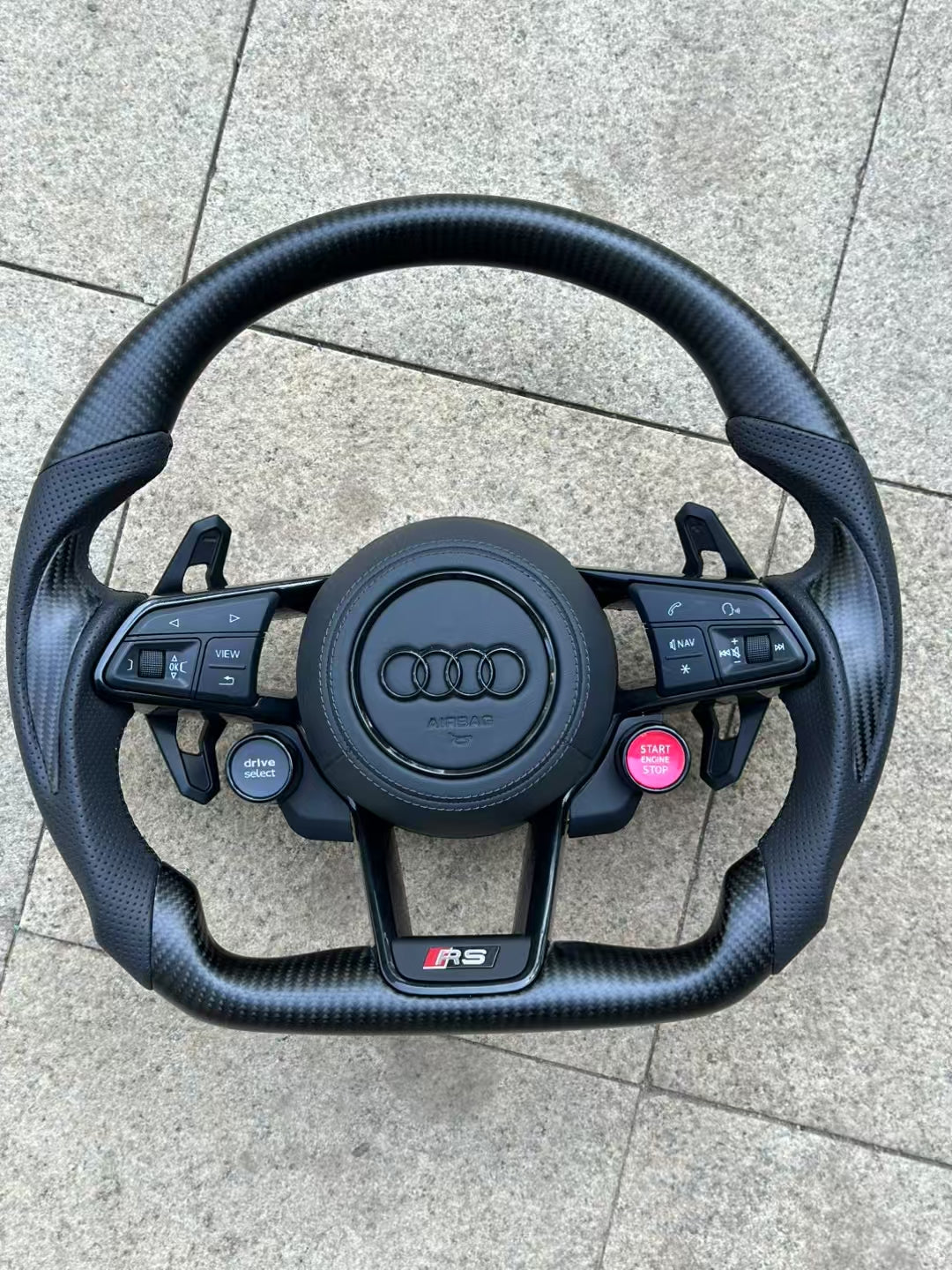 Carbon fiber sports steering wheel - paddle shifters + leather grips + leather airbag cover + dual-function knob