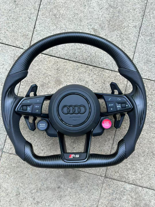 Carbon fiber sports steering wheel - paddle shifters + leather grips + leather airbag cover + dual-function knob