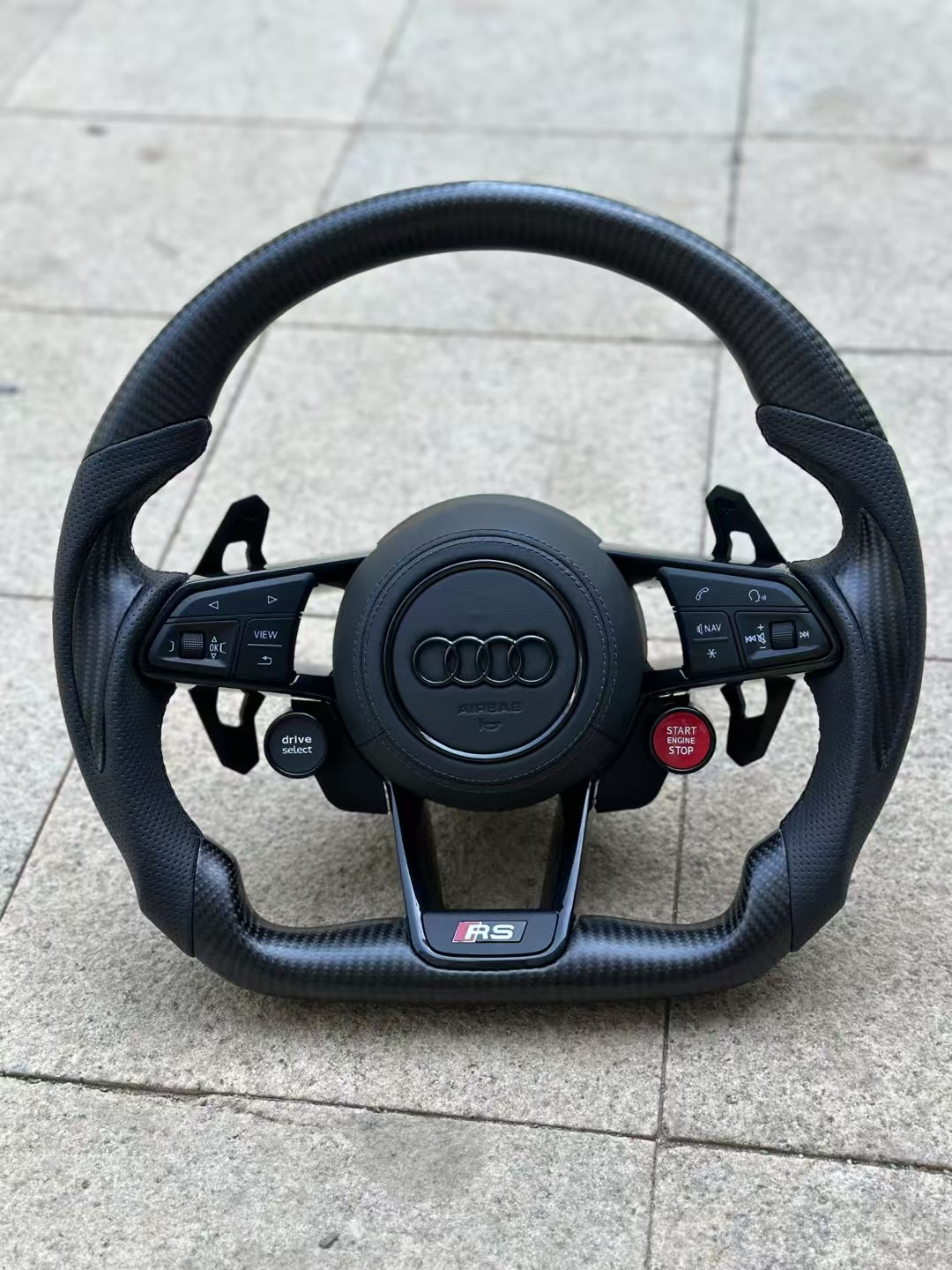 Carbon fiber sports steering wheel - paddle shifters + leather grips + leather airbag cover + dual-function knob