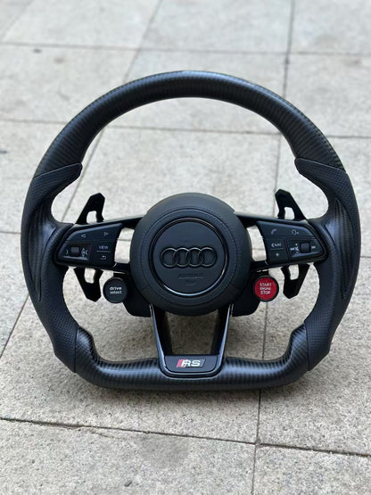 Carbon fiber sports steering wheel - paddle shifters + leather grips + leather airbag cover + dual-function knob