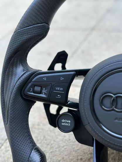 Carbon fiber sports steering wheel - paddle shifters + leather grips + leather airbag cover + dual-function knob
