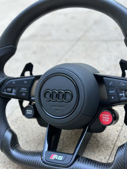 Carbon fiber sports steering wheel - paddle shifters + leather grips + leather airbag cover + dual-function knob