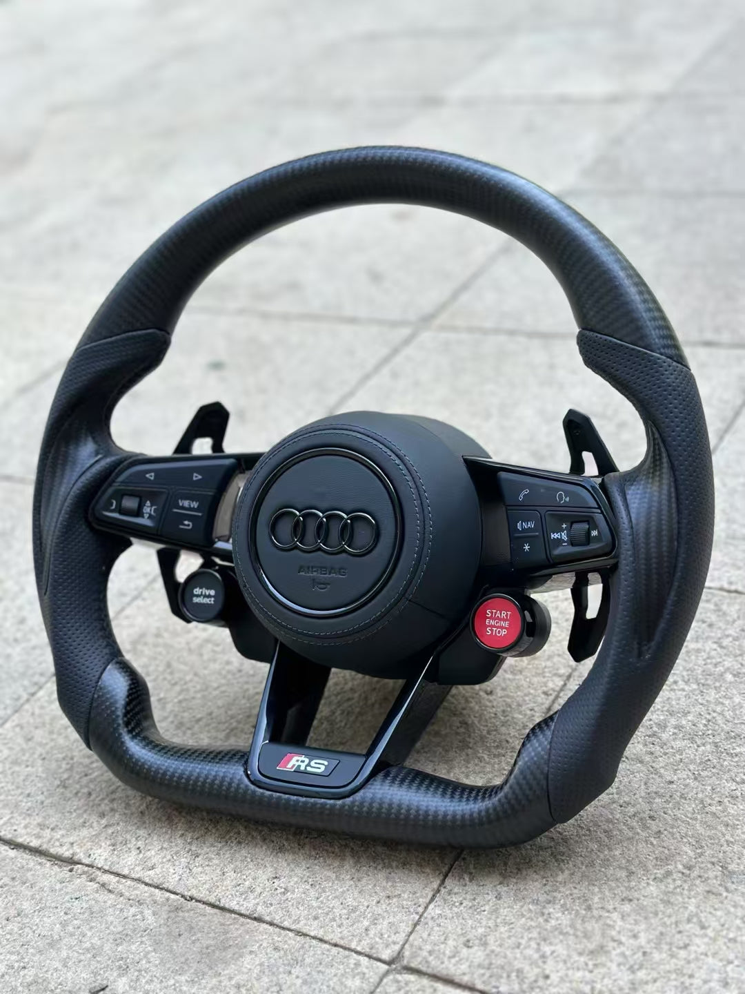 Carbon fiber sports steering wheel - paddle shifters + leather grips + leather airbag cover + dual-function knob